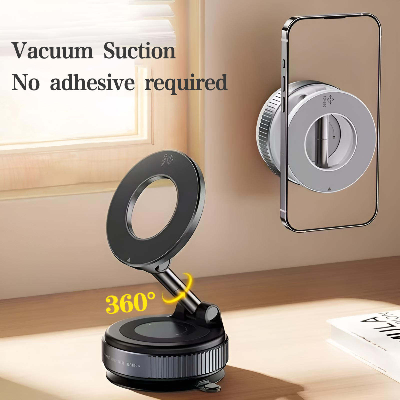 Premium Vacuum Magnetic Car Phone Holder | MagSafe Compatible | 360° Rotatable | Foldable Dashboard, Windshield & Screen Mount