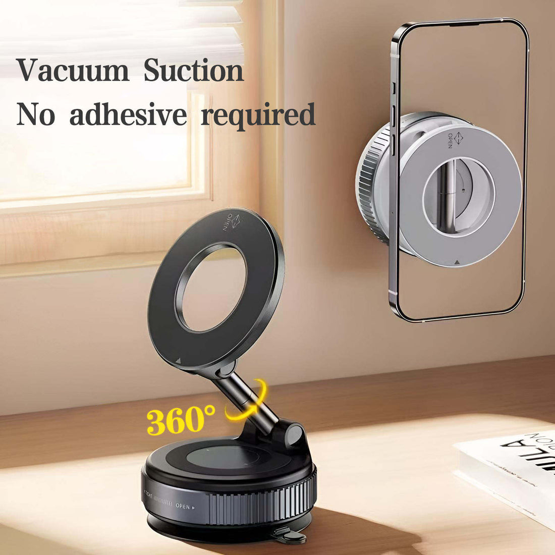 Premium Vacuum Magnetic Car Phone Holder | MagSafe Compatible | 360° Rotatable | Foldable Dashboard, Windshield & Screen Mount